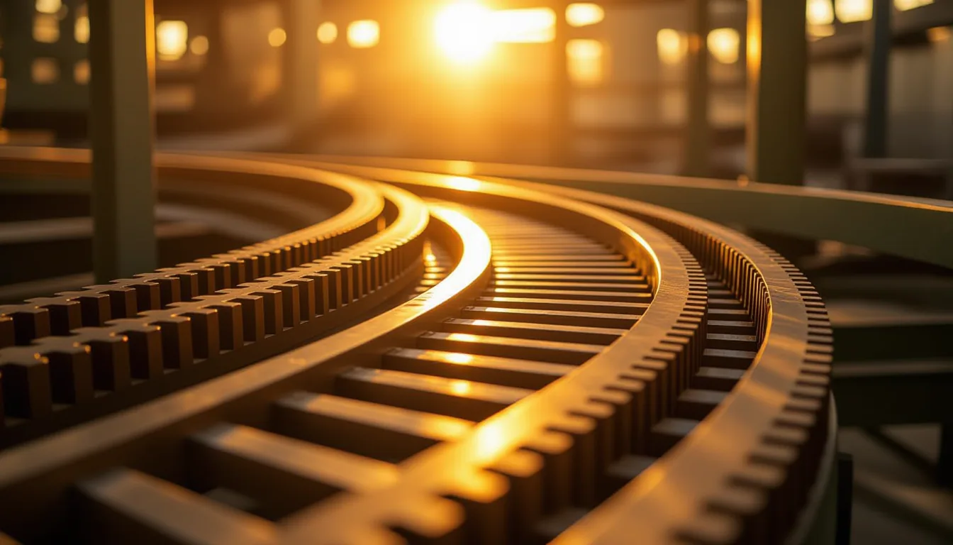 Golden-hour backlight glints off an industrial conveyor belt’s interlocking steel gears mid-rotation