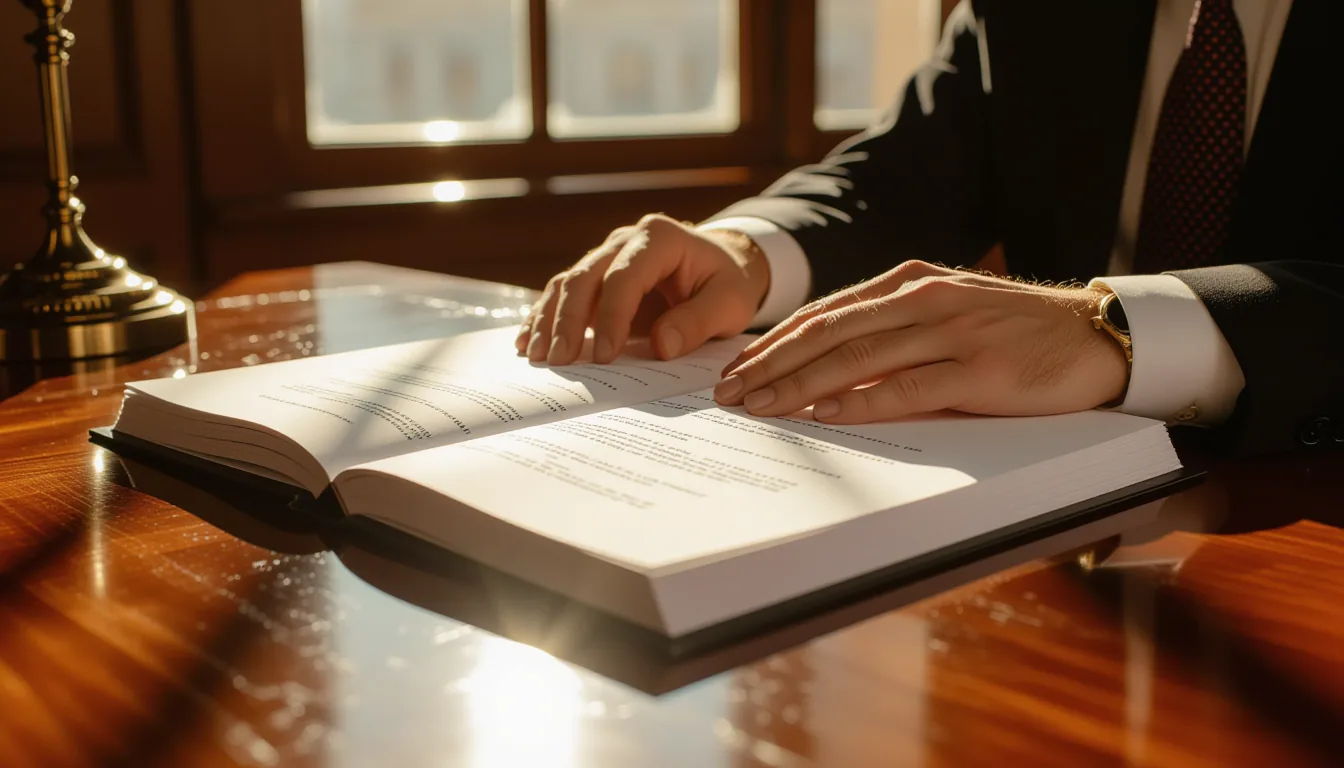 A lawyer's hands carefully fold a thick legal brief into neat sections on a polished mahogany desk