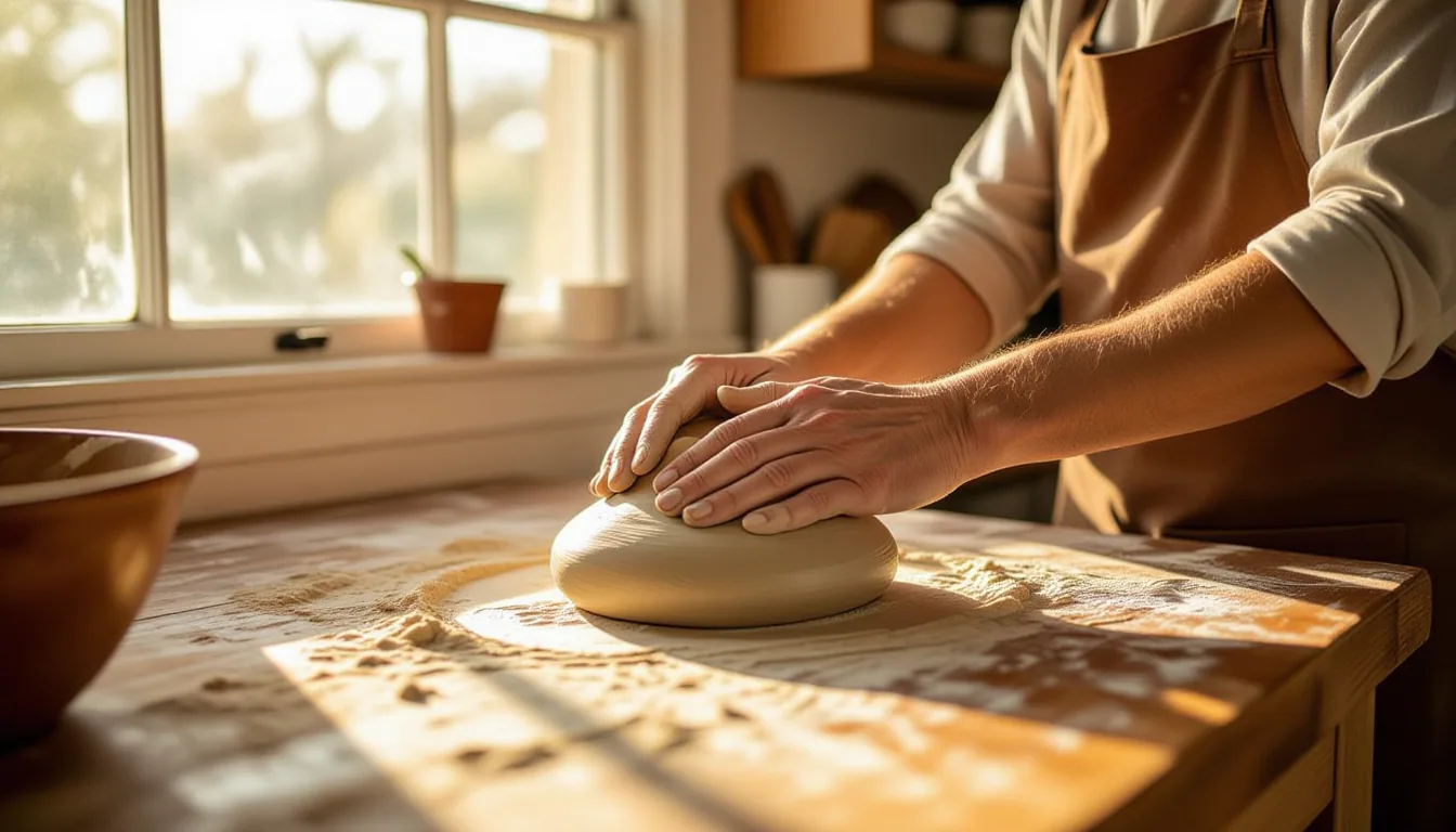 Golden-hour light pours through a Charleston kitchen window onto weathered hands kneading dense, coo