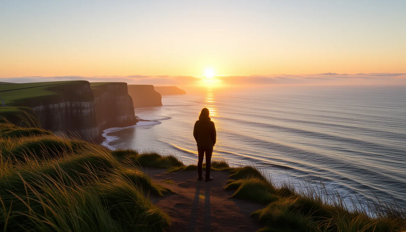 A lone figure stands on a coastal cliff's edge, backlit by the low orange sun, the sea stretching en