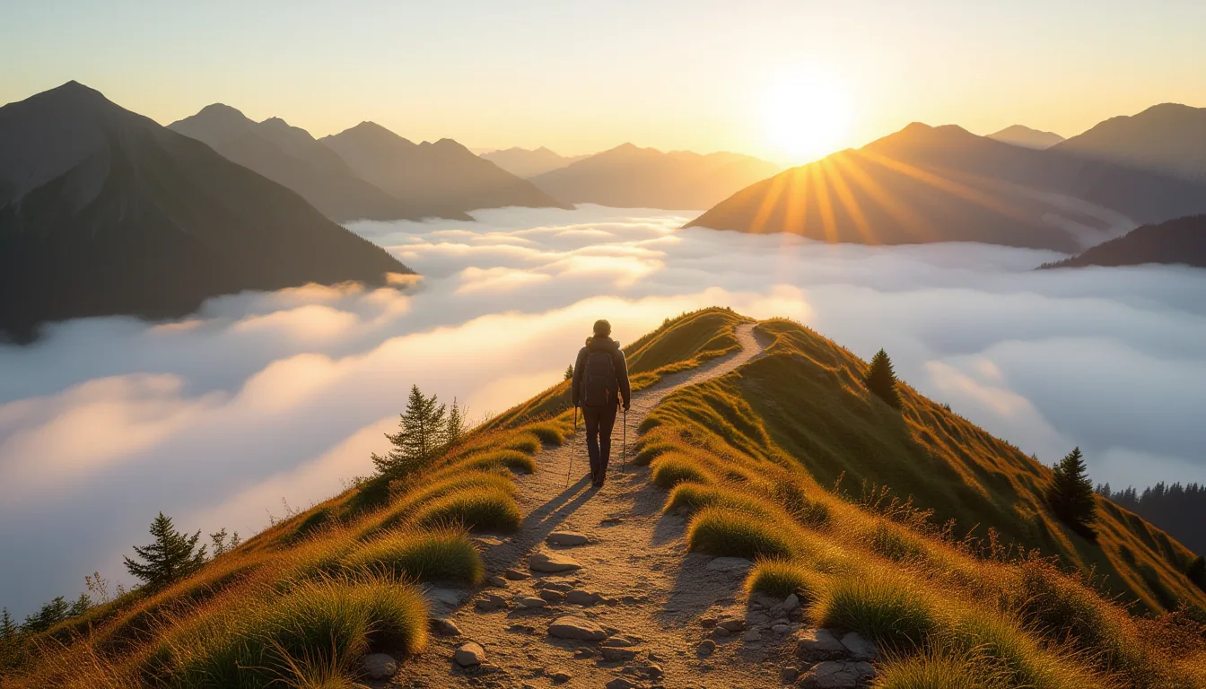 A lone hiker navigates a narrow switchback trail along a sunlit ridge, backlit by golden hour haze
