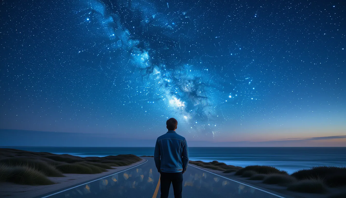 A lone figure in a denim jacket stands on an abandoned coastal road at twilight, gazing up at the Mi
