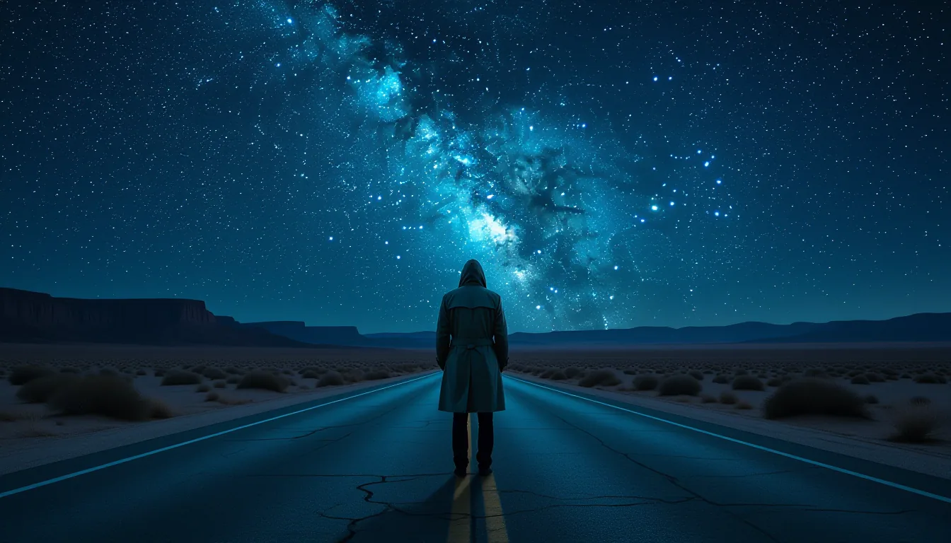 A lone figure in a reflective trench coat stands on a cracked desert highway at midnight, dwarfed by