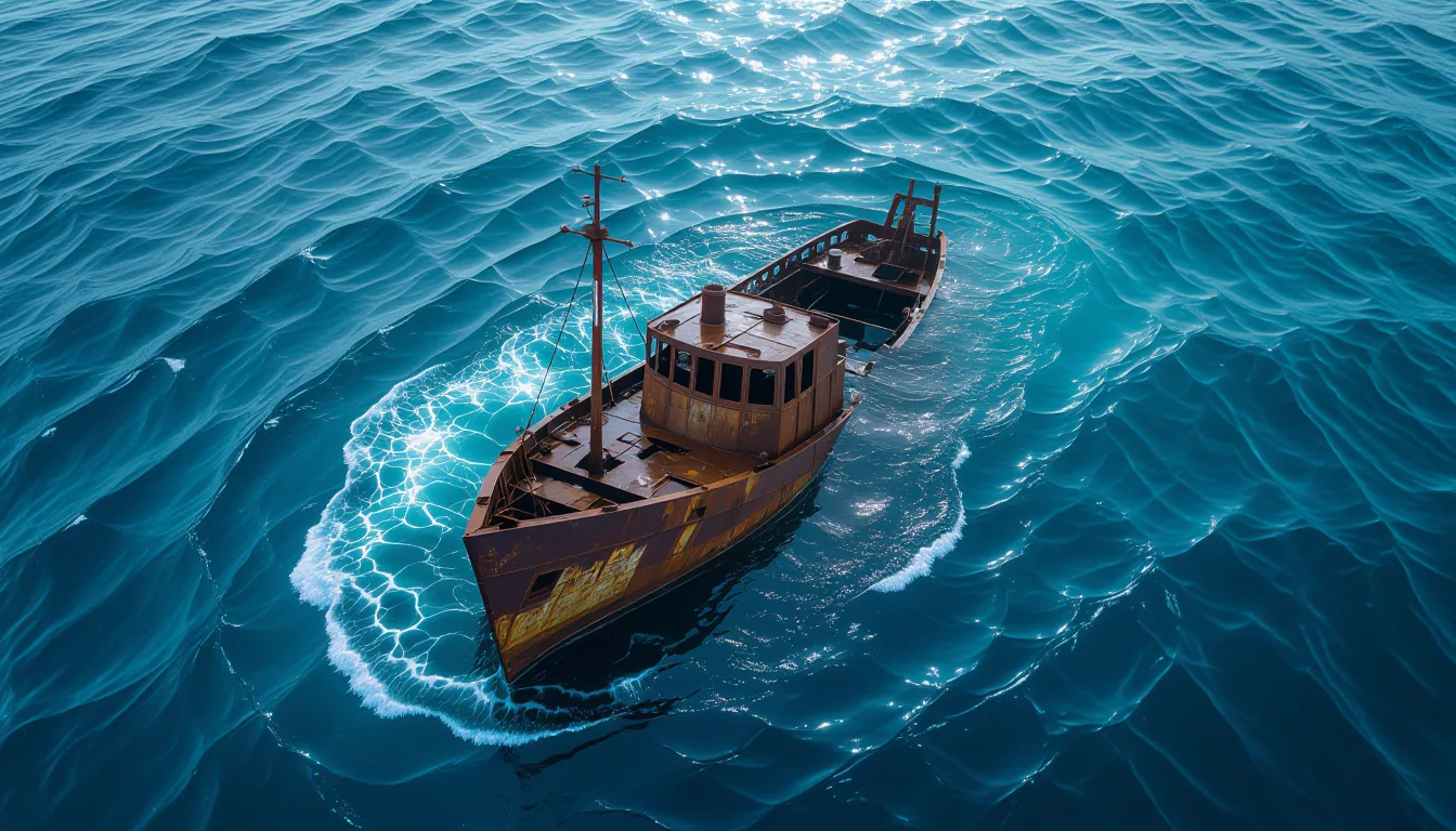 Aerial drone shot: dark ocean current swirling around a sunken wreck of twisted metal and shattered