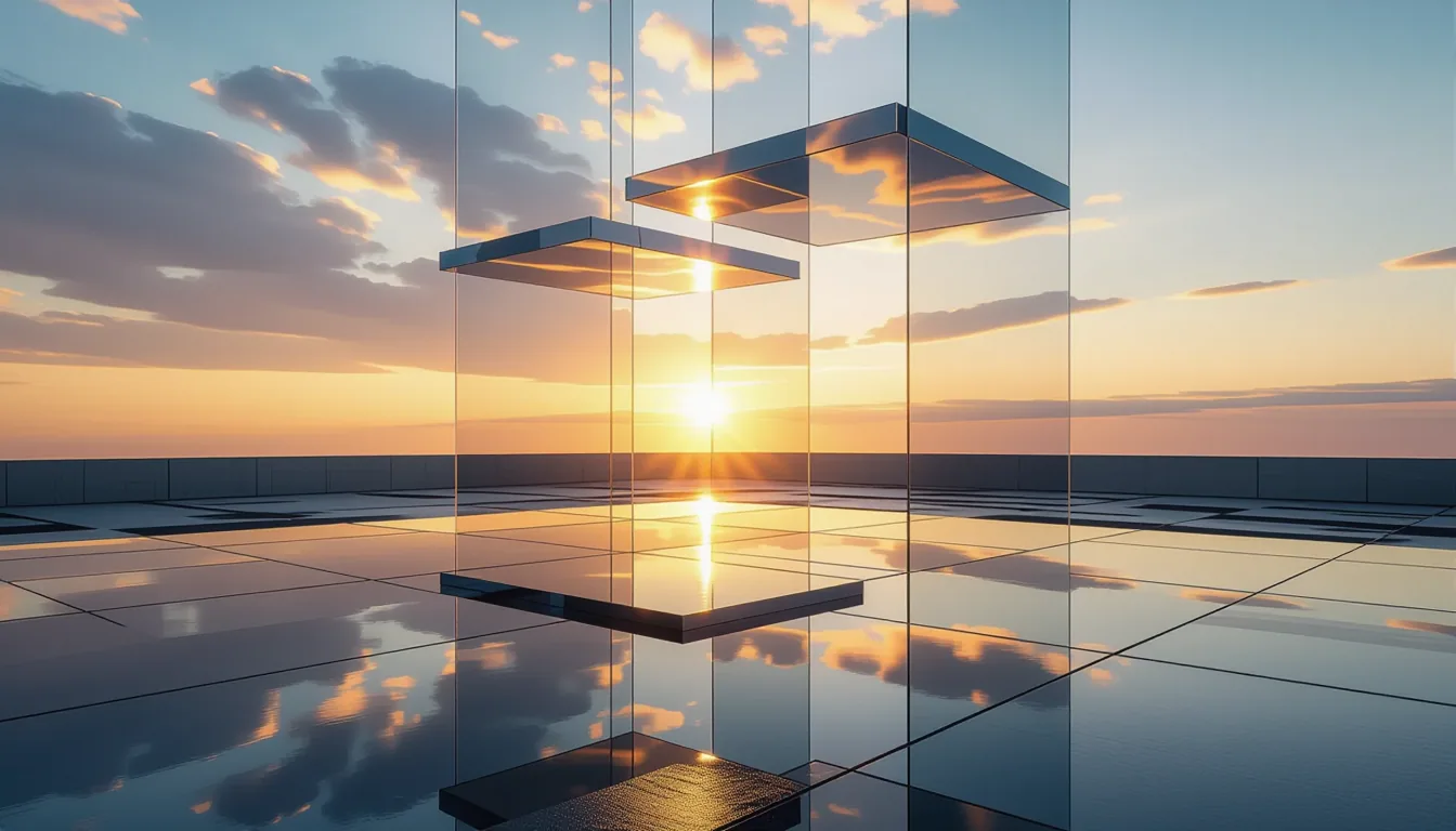Sunset glints through layered translucent acrylic panes suspended mid-air like floating platforms, c
