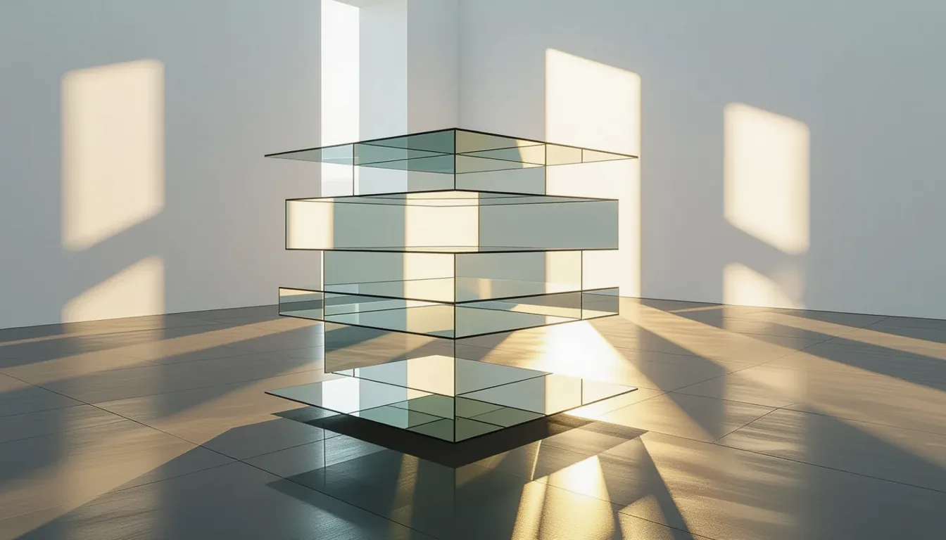 Stacked translucent glass planes float above a dark studio floor at golden hour, backlit to reveal s