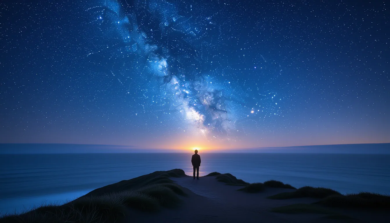 A lone figure stands on a windswept coastal bluff at twilight, dwarfed by the vast indigo sky where