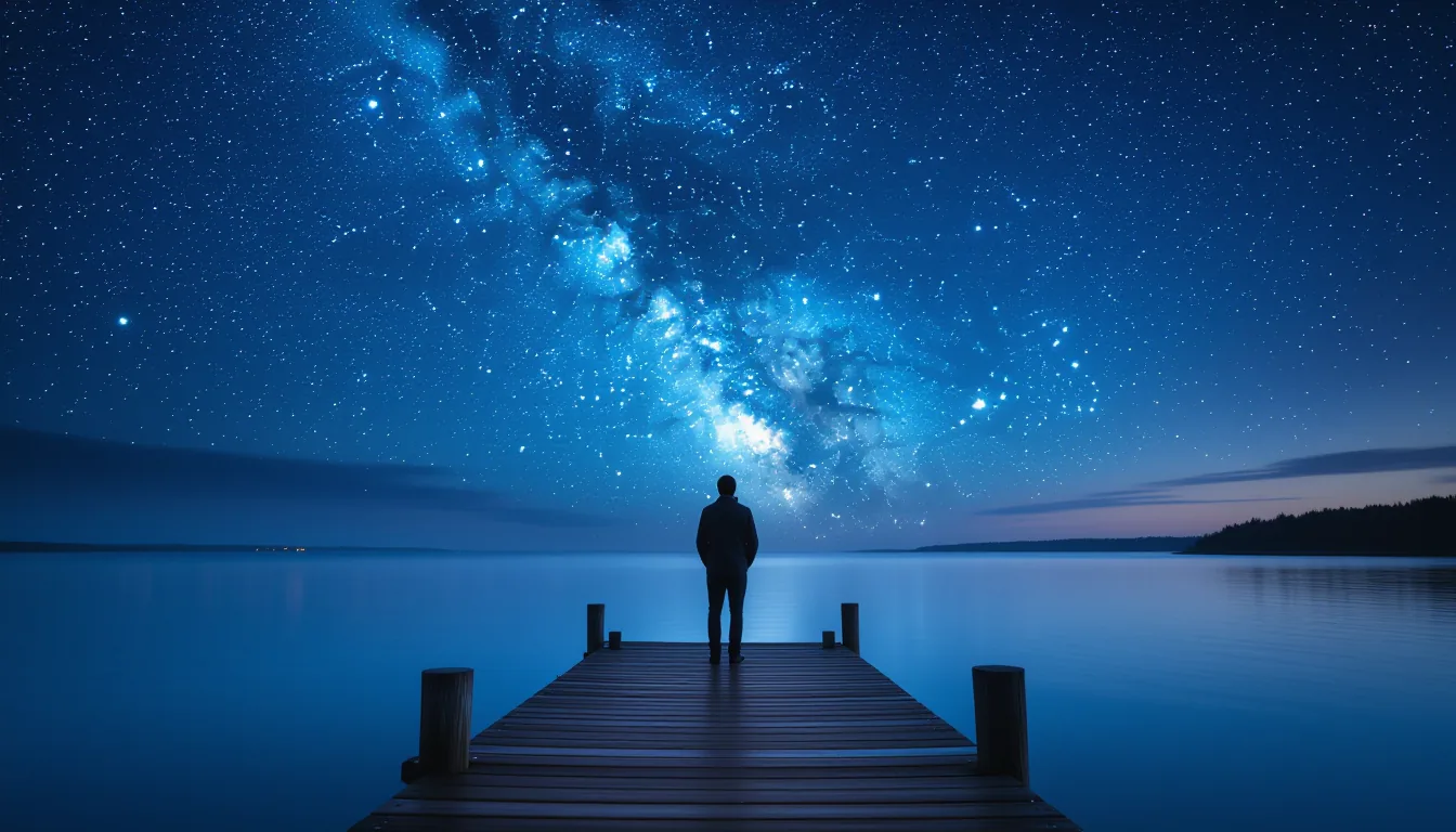 A lone figure stands on a weathered dock at dusk, dwarfed by a vast indigo sky where the Milky Way s