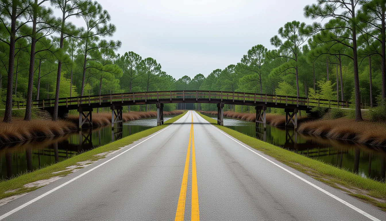 A sun-bleached county road stretches through Lowcountry pines under an overcast sky, its asphalt rip