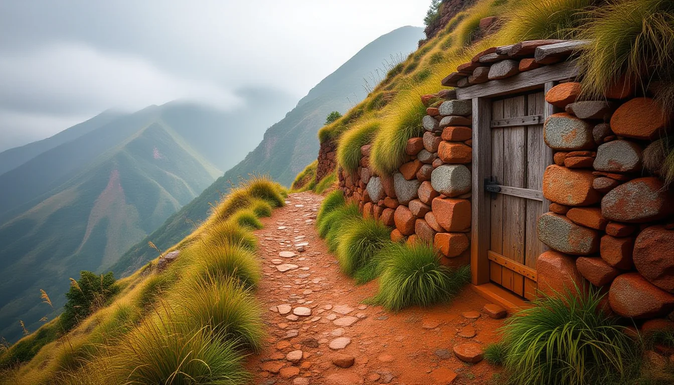 A narrow dirt path winds along a steep mountain ridge, flanked by wild grasses and red clay soil, le