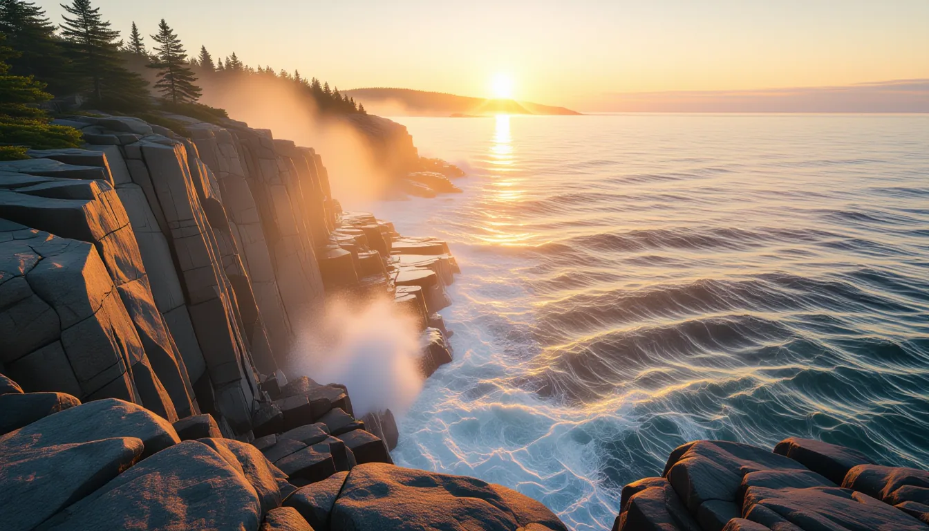 Golden hour backlighting filters through coastal fog over the jagged, rain-slicked granite cliffs of