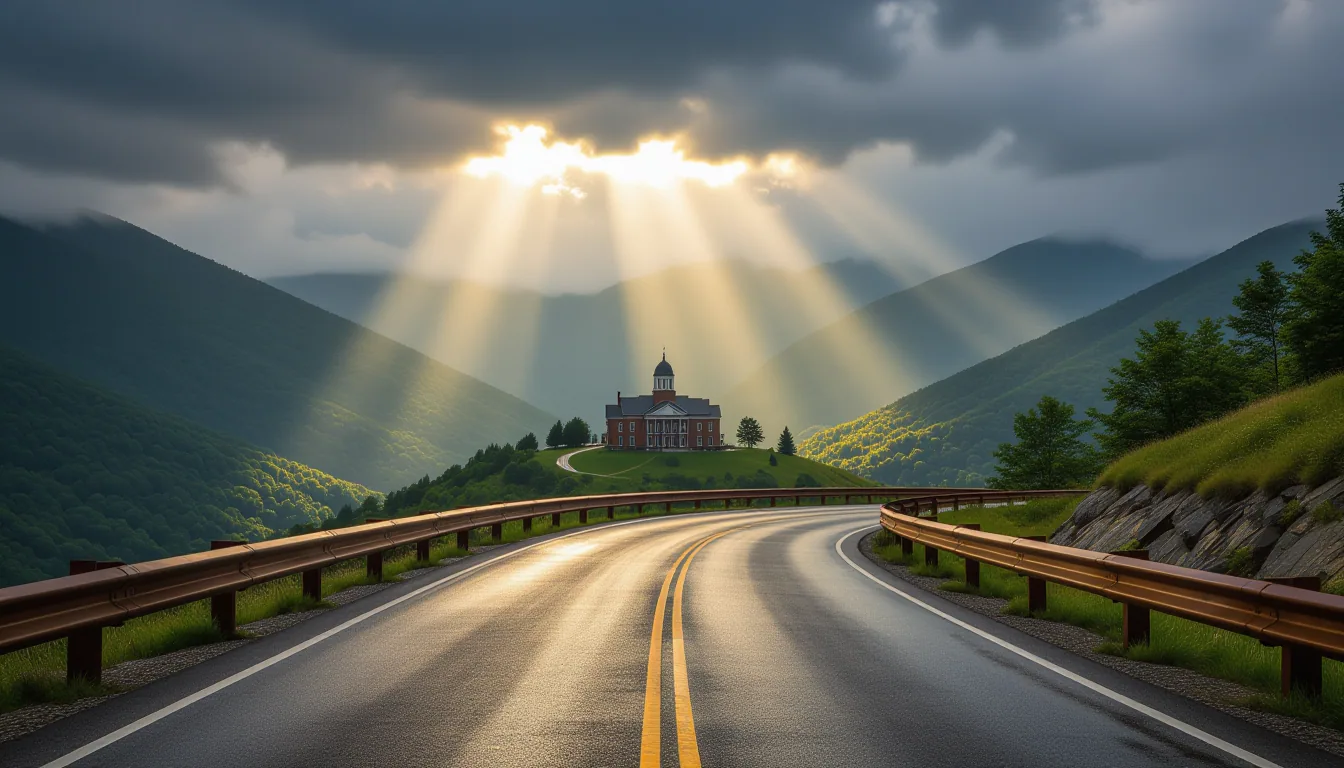 A narrow mountain road winds down into a deep valley where storm clouds part above a distant courtho