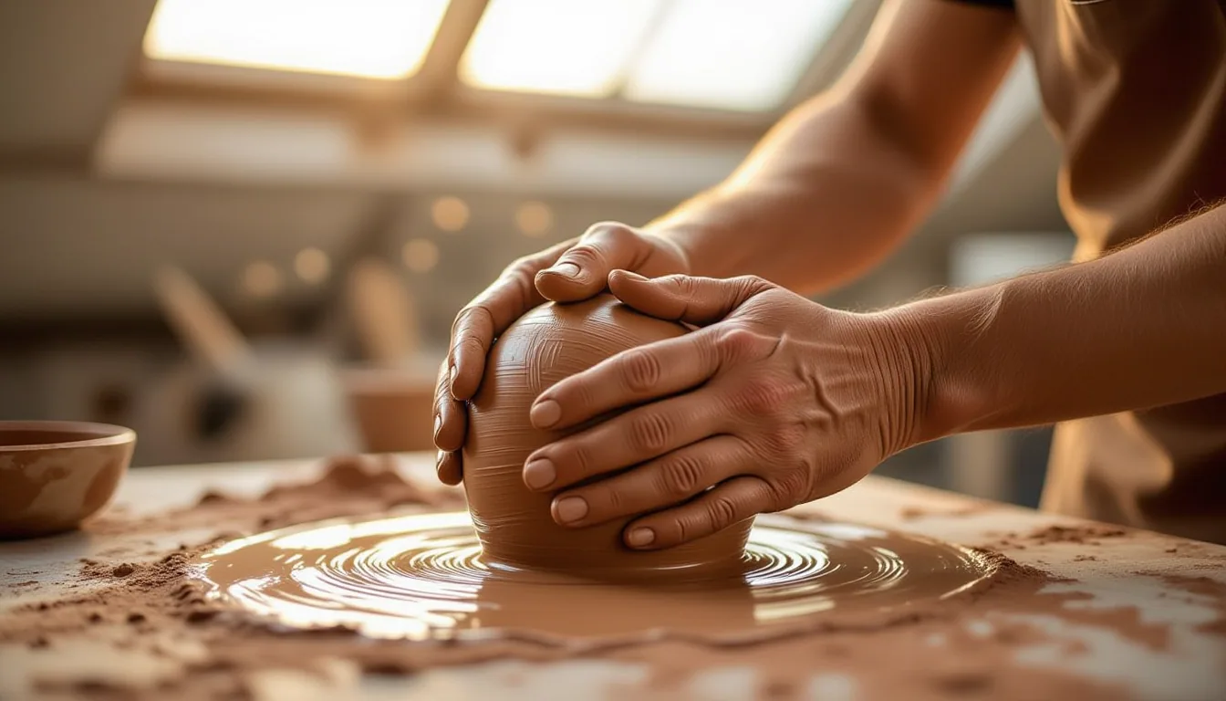 Overcast diffused light through a studio skylight captures calloused hands in slow-motion kneading d
