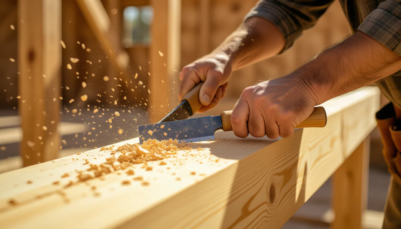 A pair of weathered carpenter’s hands guide a chisel along the grain of a cedar beam, wood chips cur