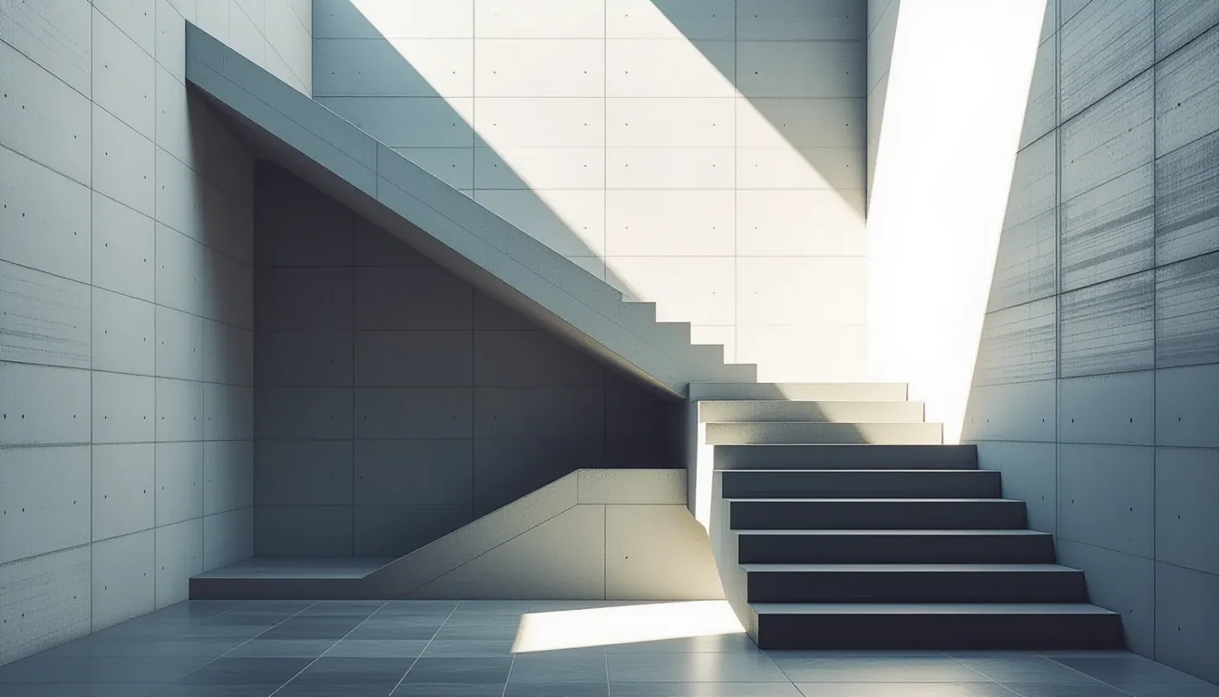 Overcast diffused light on a brutalist concrete staircase’s sharp geometric angles, casting deep sha