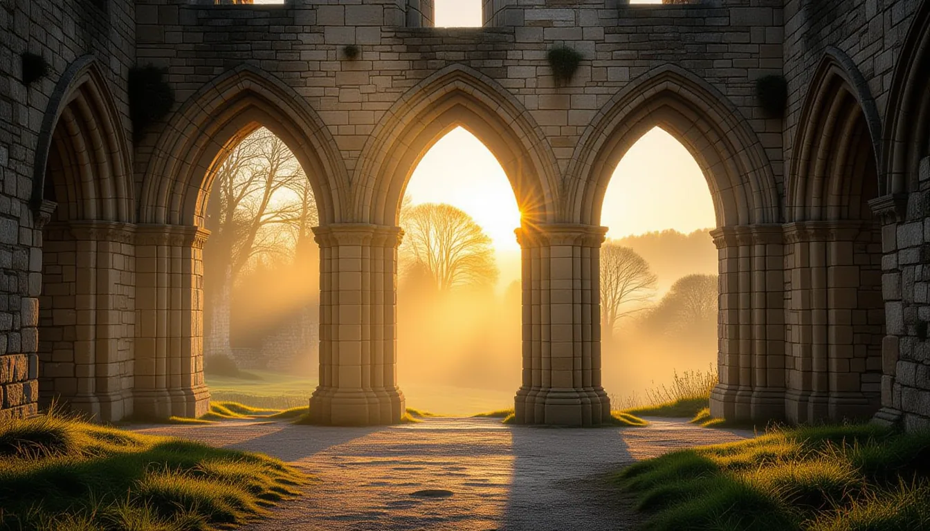 Golden hour light washes through the stone ribs of an abandoned medieval archway, revealing the text