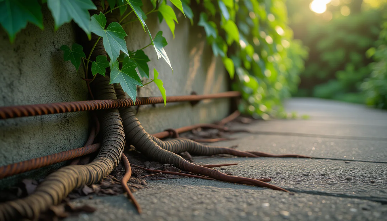 Overcast diffused light falls on cracked concrete where thick ivy roots push through, curling around