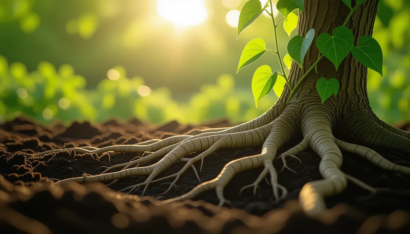 A sunlit garden bed where thick, tangled ivy roots grip damp earth, their pale fibrous strands threa