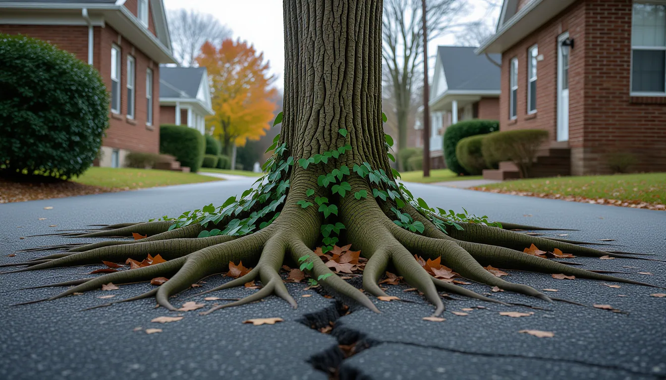 Mature oak roots breach cracked asphalt along a quiet Upstate road, where ivy creeps up brick founda