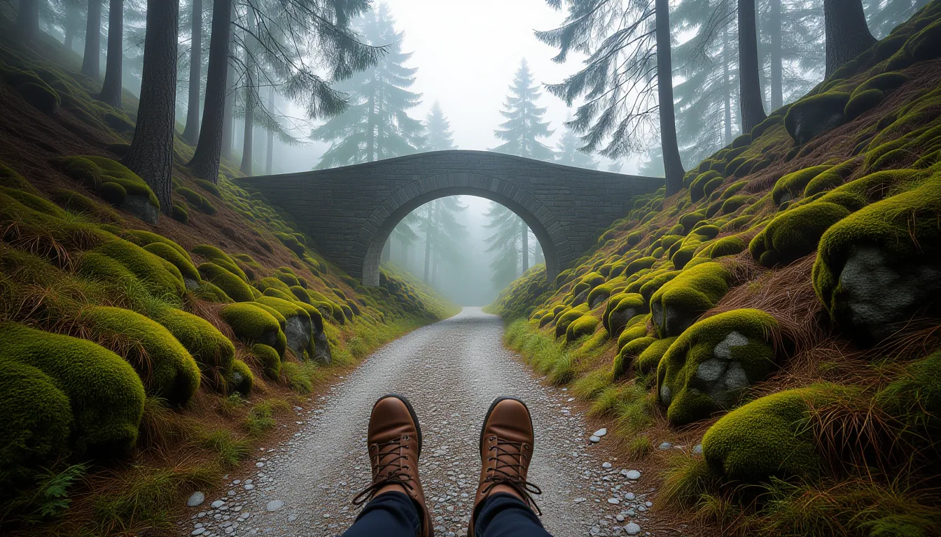 A narrow gravel footpath winds up a steep pine-needle slope toward an arched stone bridge spanning a