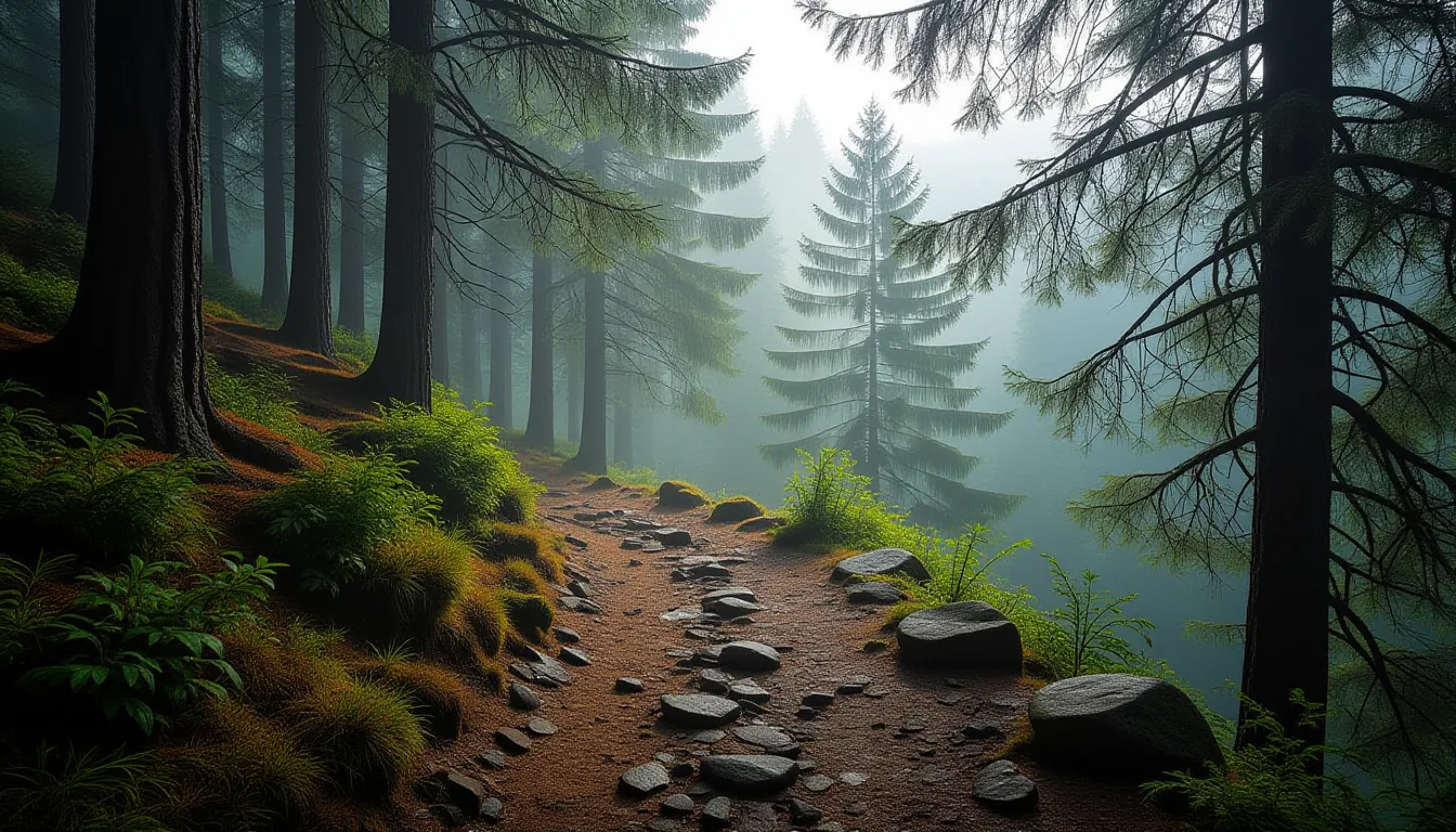 A narrow dirt trail cuts through misty pine forest on a ridge above a valley, dappled morning light