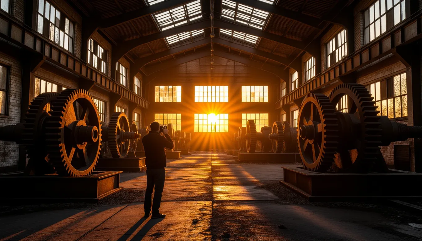A photographer captures a long-exposure shot at dawn in an abandoned textile mill, where rusted gear