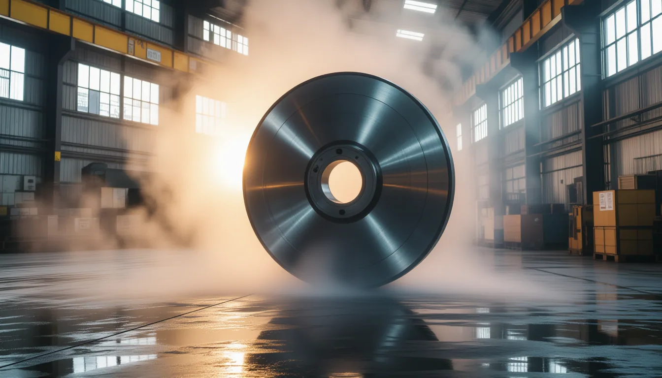 Fogged factory glass backlit by a sodium-vapor shift-change glow, a heavy steel flywheel slowly unwi