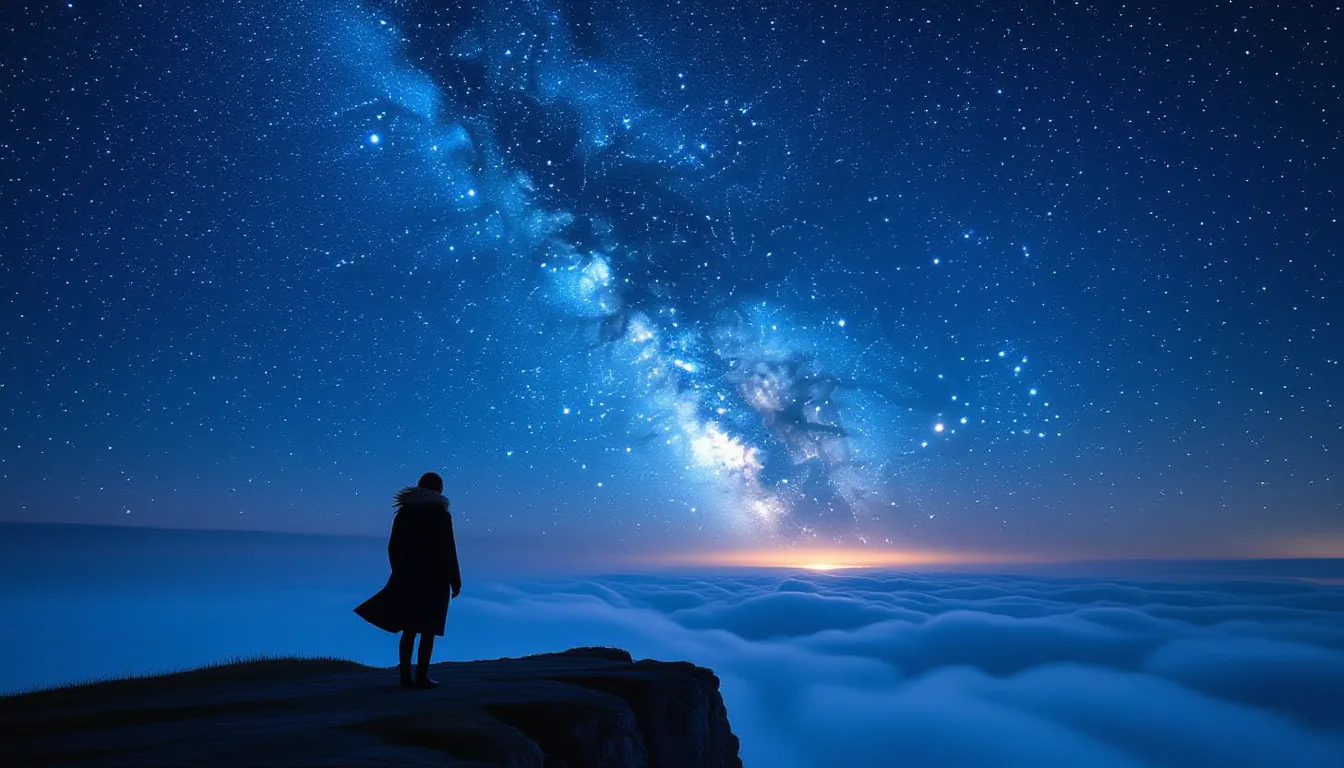 A lone figure in a wind-swept coat stands on a cliff edge at blue hour, dwarfed by the Milky Way arc