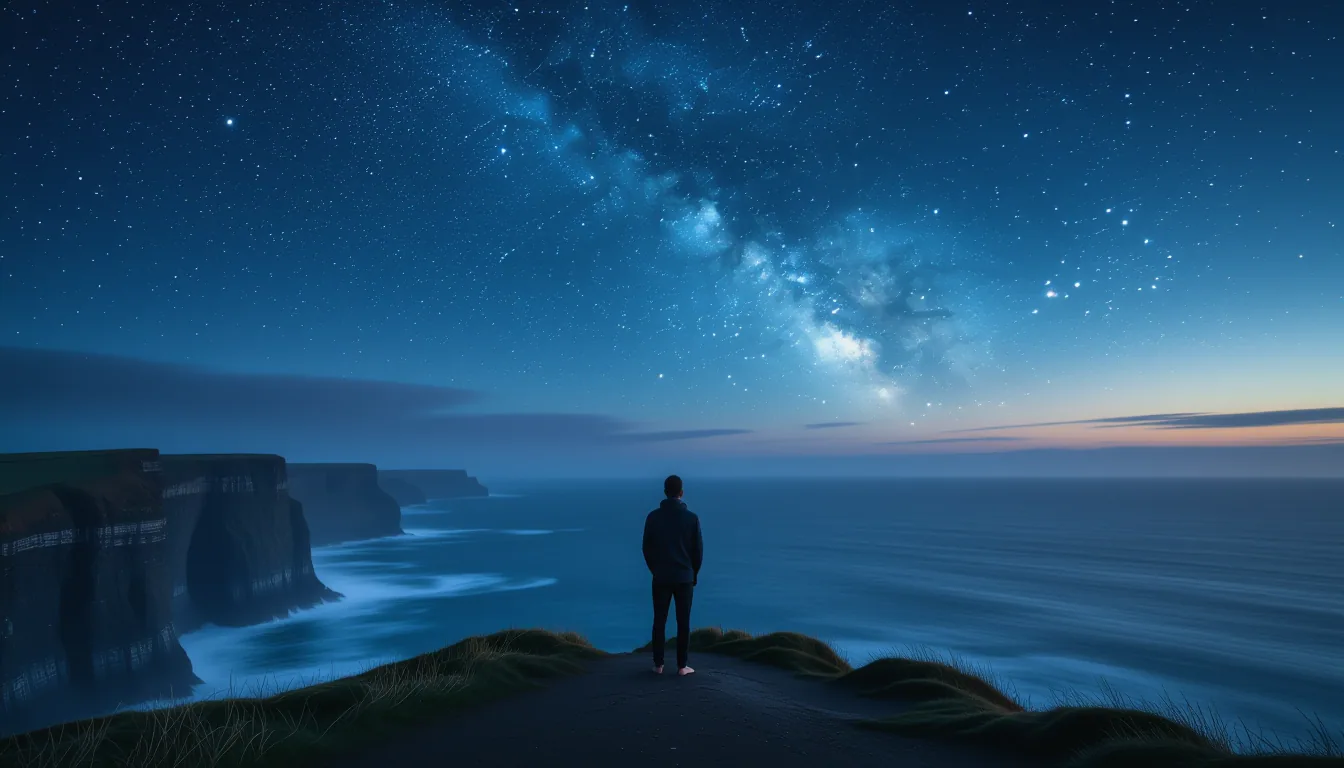 A solitary driver stands barefoot on a windswept coastal cliff at twilight, dwarfed by the infinite