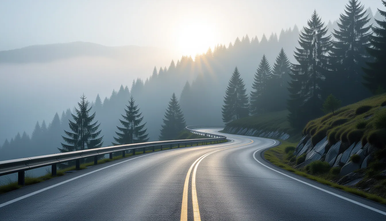 Misty dawn on a winding mountain pass: weathered asphalt curves through pine forest, headlights cutt