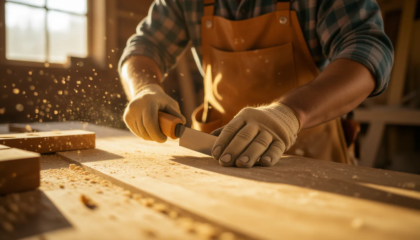 A carpenter's calloused hands guide a chisel along weathered oak in a sunlit workshop, sawdust float