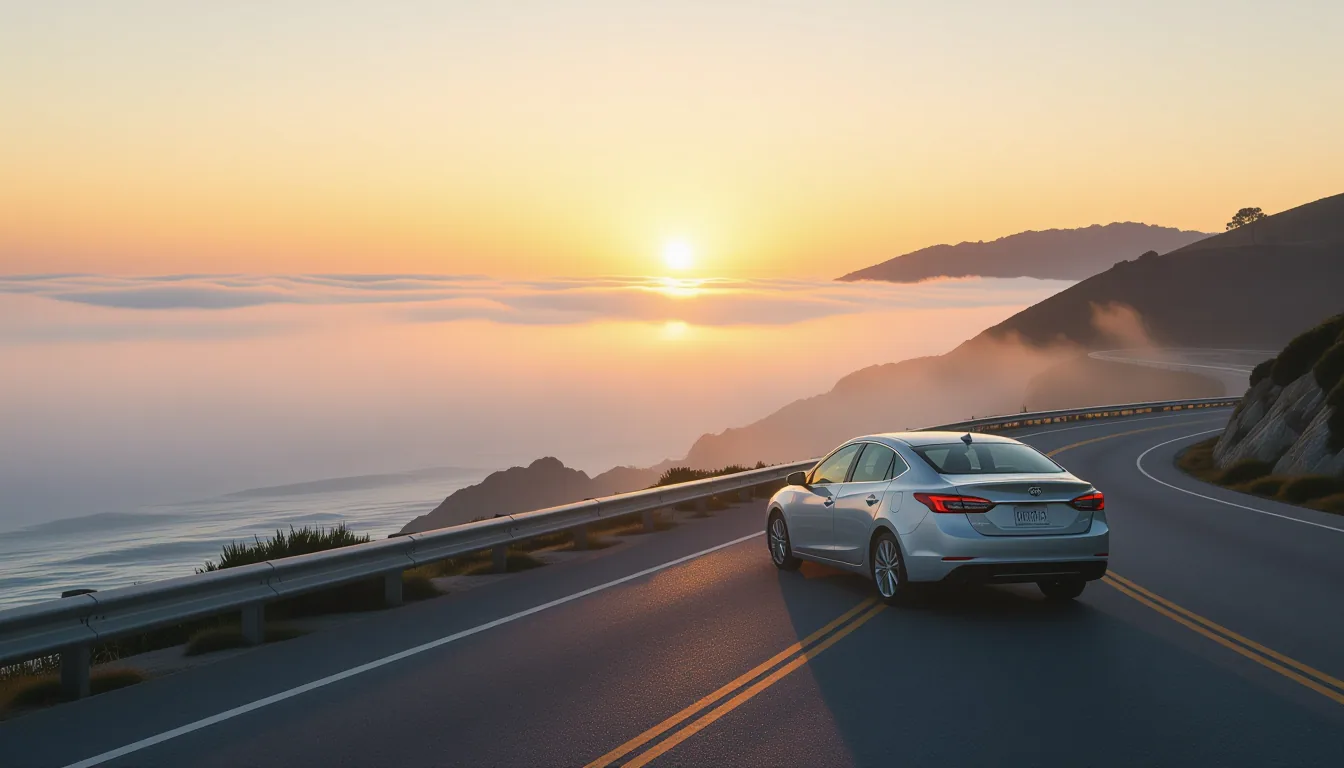 A long-exposure shot of dawn breaking over a foggy coastal highway, where pale amber beams slice thr