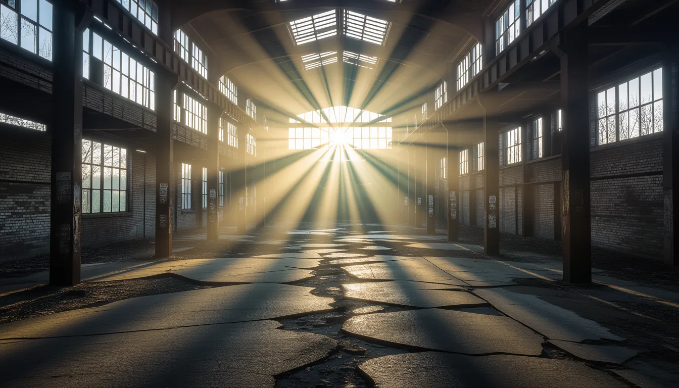 A narrow beam of dawn sunlight cuts through thick morning fog in an abandoned glassworks, fracturing