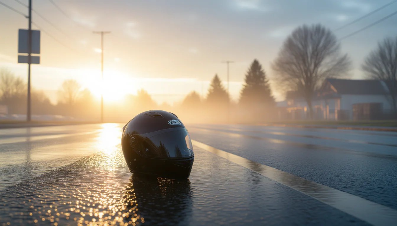 A lone motorcycle helmet rests on rain-slicked asphalt at dawn, while pale morning light slices thro