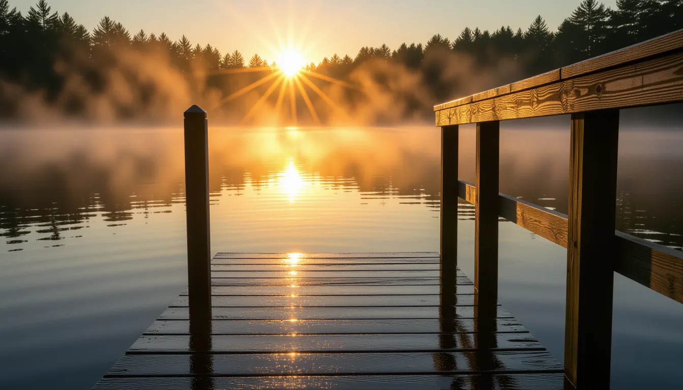 Morning fog lifts off a misty lake as golden sunrise prisms pierce through a wooden dock railing, ca
