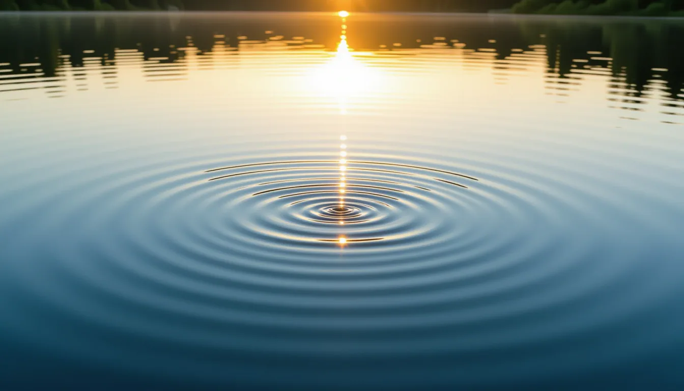 Rippled lake surface at dawn, reflecting two overlapping signatures in the still water — one sharp a