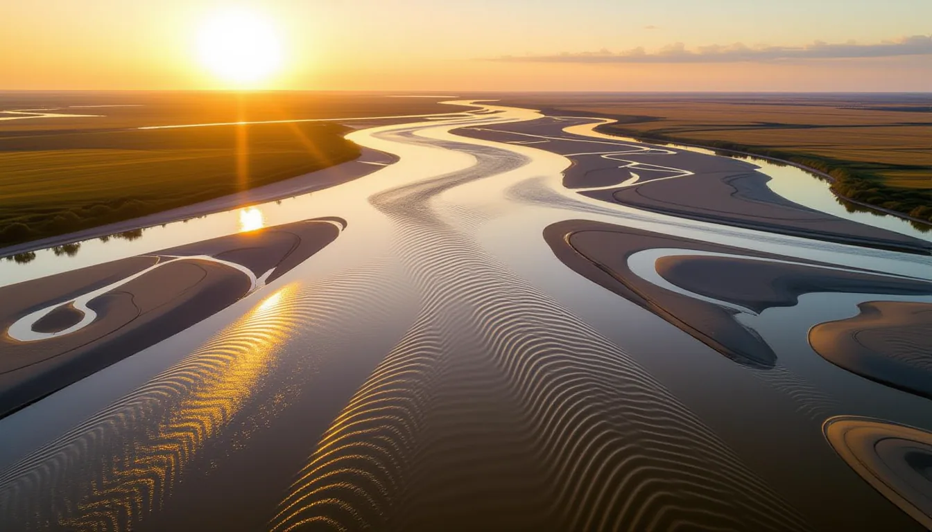 Aerial long-exposure shot of a wide river delta at golden hour, where slow-moving water splits into