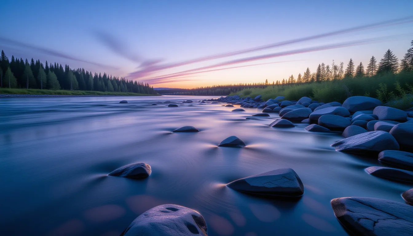 Long exposure of a wide river at dusk, where blurred current lines streak like legal clauses across