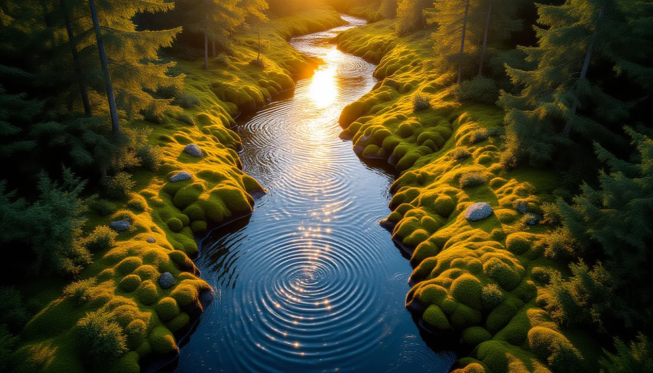 Overhead drone shot at golden hour: a slow-moving river carving through a mossy ravine, warm backlig