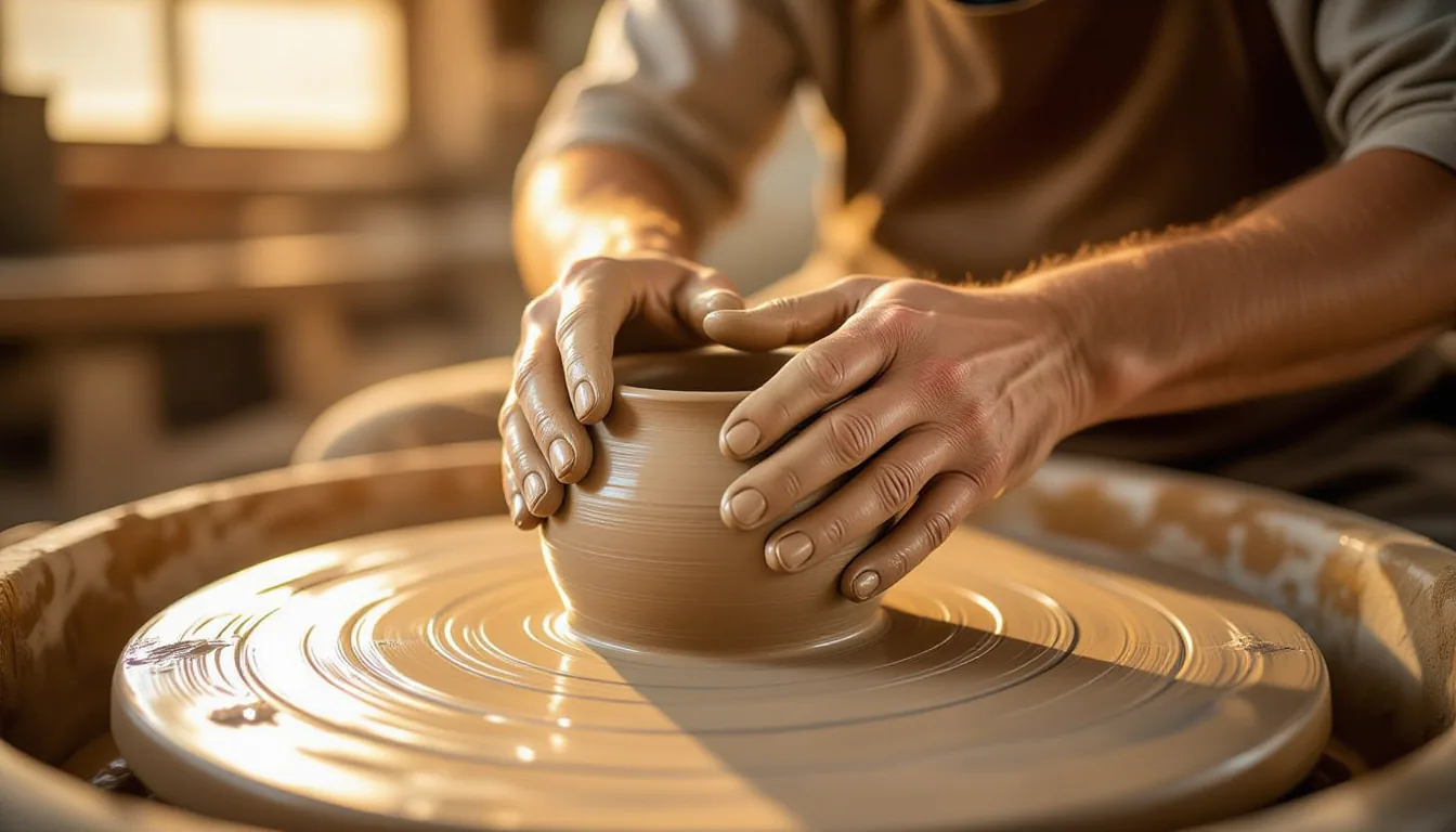 Golden hour light spills across calloused fingers carefully molding wet clay on a spinning potter’s