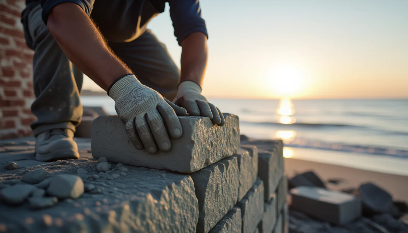 A mason's calloused hands press rough-hewn stone into place on a damp Charleston foundation at dawn