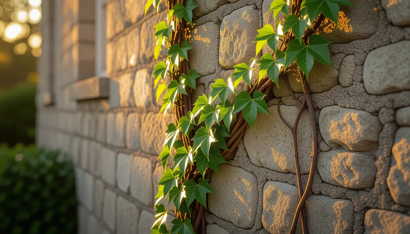 A tangle of Virginia creeper vines crawls up the weathered limestone facade of an old Charleston cou