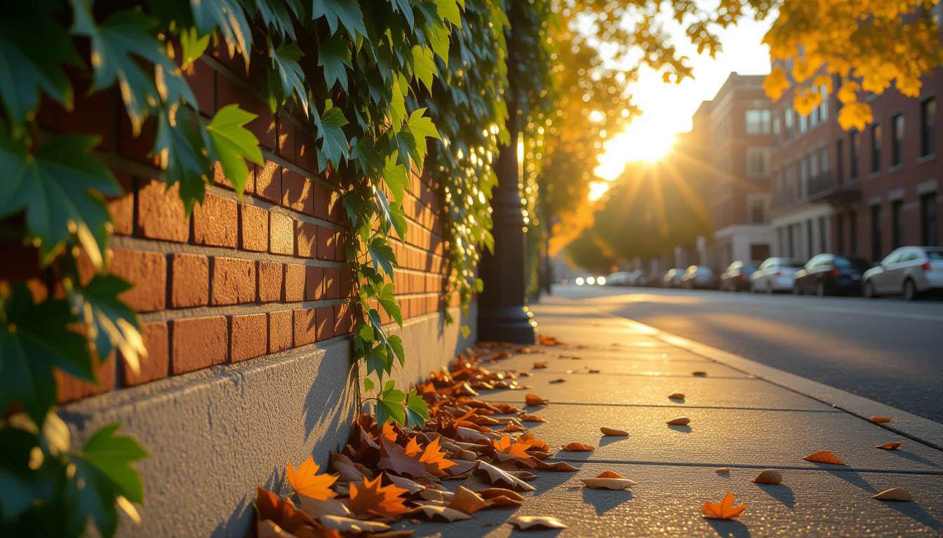 A sunlit city sidewalk where thick ivy climbs a weathered brick wall beside a cracked concrete barri