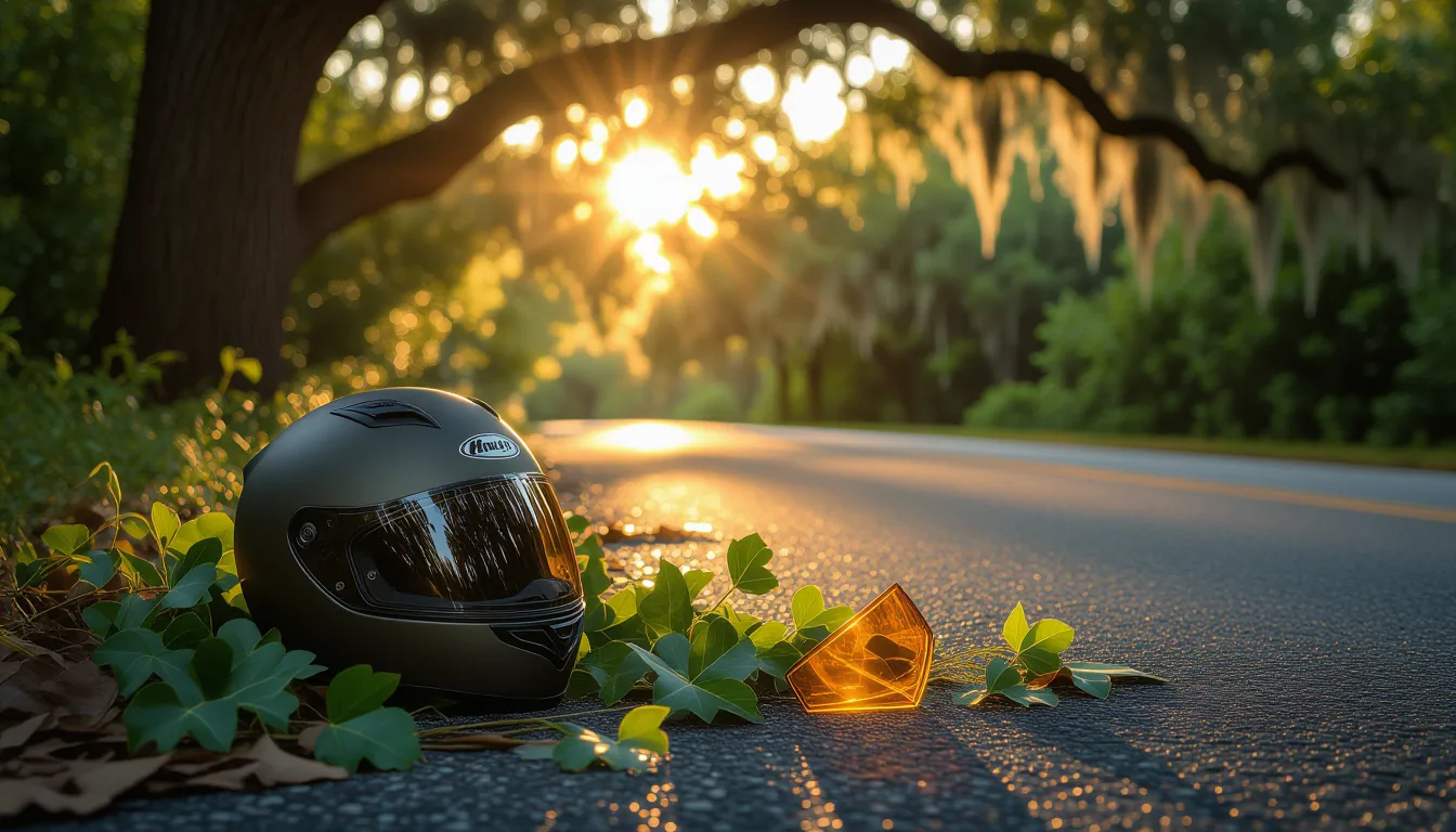 Late-afternoon sun fractures through a dense live oak canopy onto a cracked asphalt shoulder where t
