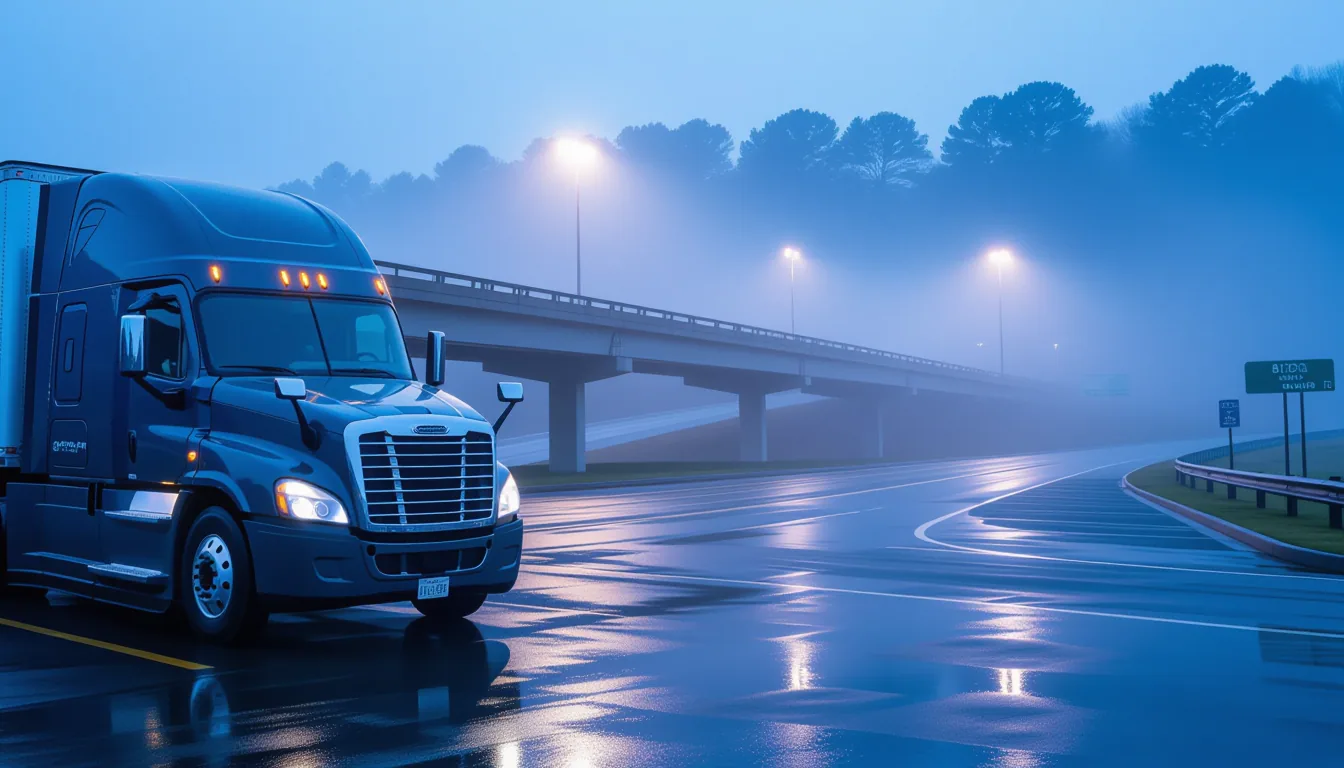 A low-slung morning fog rolls across the I-85 interchange in Greenville, where cool blue dawn light