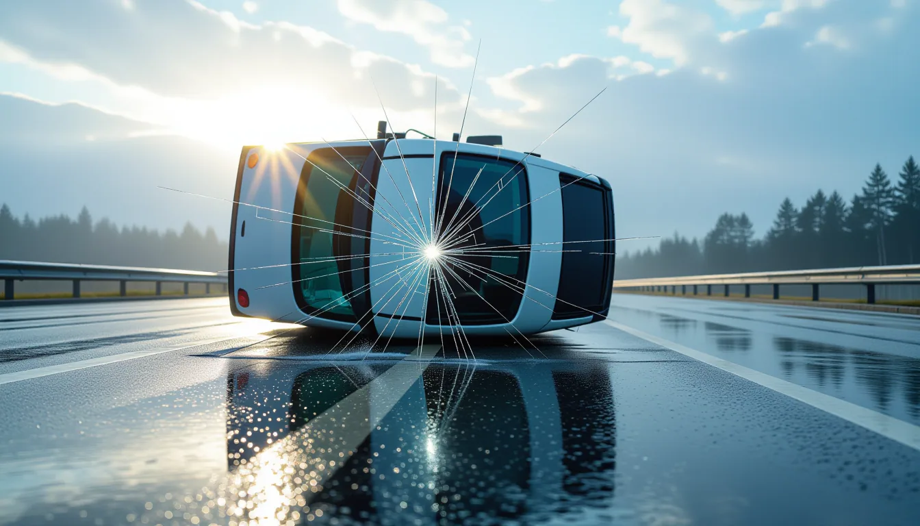 Sunlight fractures through the wet windshield of an overturned truck, casting a sharp prism across t