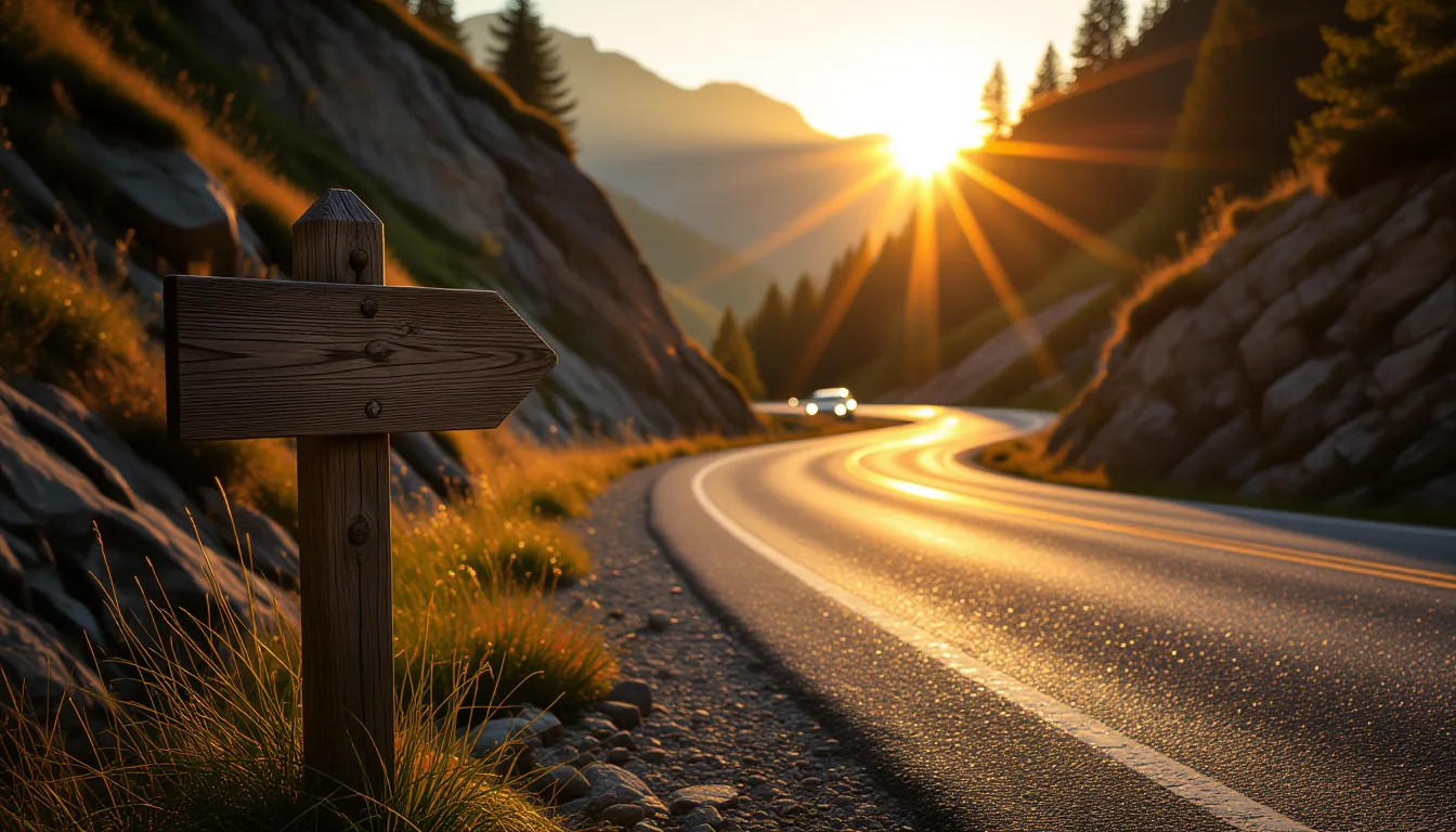Golden-hour sun spills down a narrow mountain pass, illuminating a weathered wooden trail marker bes