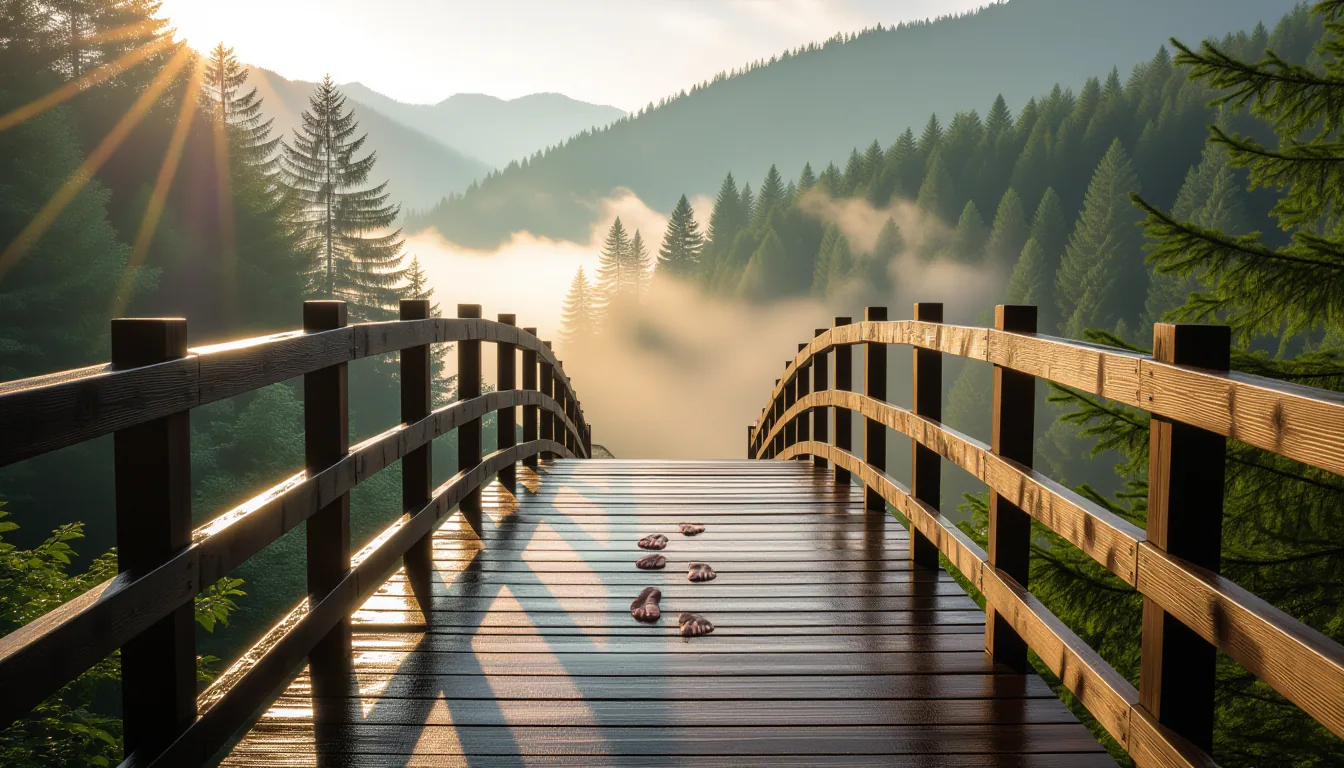 A weathered wooden footbridge spans a mist-filled chasm between pine-clad ridges, dappled late-after