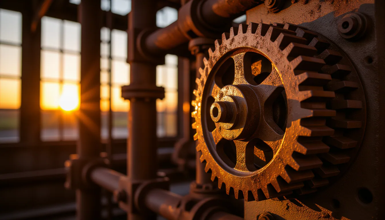 Golden-hour backlight through a cathedral of rusted iron pipes and slow-rotating gears in a decommis