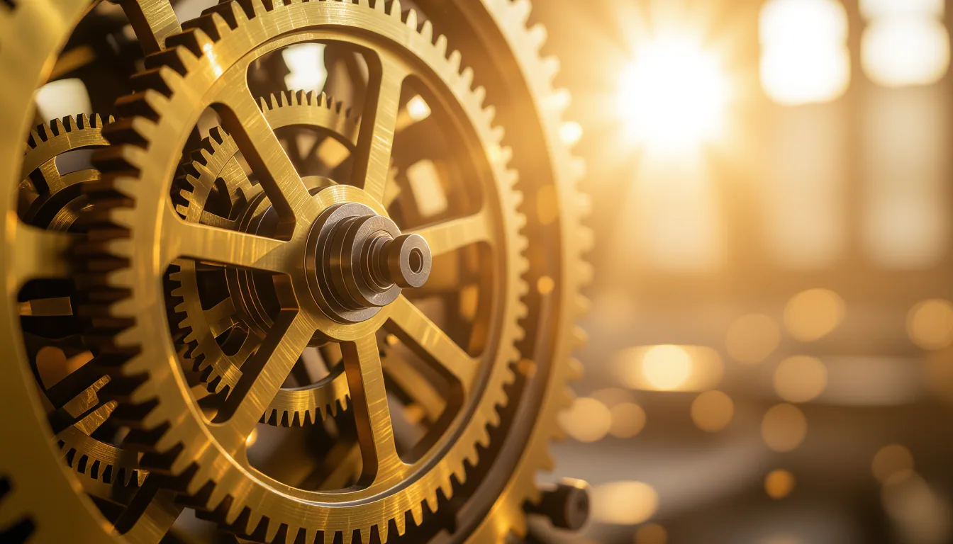 Late afternoon sun glints off brass gear teeth in an abandoned clocktower, dust motes suspended mid